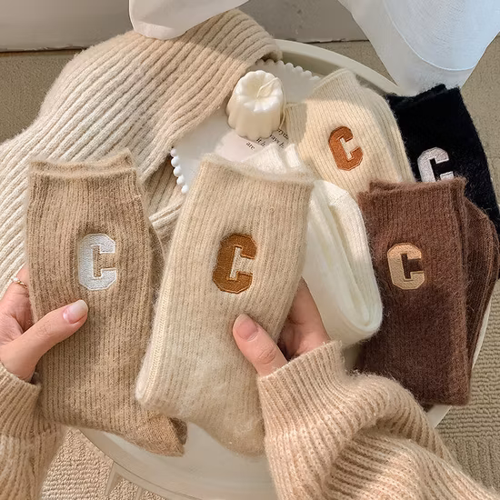 Bulk Cashmere Socks Slouch Crew Wool Cute Letter C Anti Friction Socks